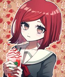 Rule 34 | 1girl, artist name, closed mouth, cup, danganronpa (series), danganronpa v3: killing harmony, floral print, flower, food, food print, grey shirt, holding, holding cup, ice cream, looking at viewer, mikao (eanv5385), multicolored hair, neck ribbon, red background, red eyes, red ribbon, ribbon, sailor collar, shirt, short hair, solo, strawberry print, two-tone hair, watermark, white flower, white sailor collar, yumeno himiko