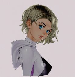 Rule 34 | 1girl, animification, blonde hair, blue eyes, bodysuit, breasts, from side, grey background, gwen stacy, highres, hood, hood down, hooded bodysuit, komi shin&#039;ya, lips, looking at viewer, marvel, medium breasts, portrait, short hair, simple background, solo, spider-gwen, spider-man: into the spider-verse, spider-man (series), spider-verse, upper body