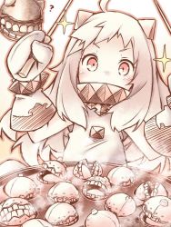Rule 34 | 10s, 1girl, ?, abyssal ship, colored skin, food, gloves, horns, kantai collection, kibushi, long hair, mittens, northern ocean princess, red eyes, solo, sparkle, white hair, white skin