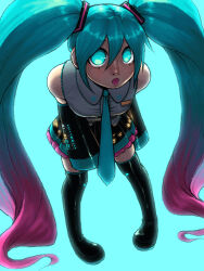 Rule 34 | 1girl, backlighting, blue eyes, blue hair, boots, commentary, detached sleeves, dreamscreep, english commentary, glowing, glowing eyes, hair between eyes, hatsune miku, highres, leaning forward, necktie, open mouth, pleated skirt, self-upload, shirt, skirt, sleeveless, sleeveless shirt, solo, thigh boots, twintails, vocaloid