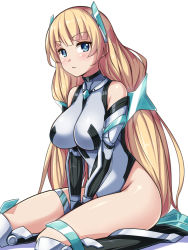 Rule 34 | 1girl, angela balzac, bare shoulders, blue eyes, blush, bodysuit, breasts, elbow gloves, gloves, headgear, leotard, long hair, low twintails, rakuen tsuihou, saiste, simple background, sitting, solo, thigh strap, twintails, v arms, very long hair, wariza, white background