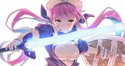 Rule 34 | 1girl, ahoge, anchor symbol, aqua hair, blue dress, blue nails, blush, braid, breasts, cleavage, closed mouth, colored inner hair, commentary, darjeeling (reley), dress, eyelashes, french braid, glowing, glowing sword, glowing weapon, hair ribbon, highres, holding, holding shield, holding sword, holding weapon, hololive, long hair, looking at viewer, maid headdress, master sword, medium breasts, minato aqua, minato aqua (1st costume), multicolored hair, nail polish, nintendo, parody, purple eyes, purple hair, ribbon, shield, short sleeves, simple background, solo, streaked hair, sword, the legend of zelda, the legend of zelda: ocarina of time, twintails, two-tone hair, upper body, very long hair, virtual youtuber, weapon, white background, wrist cuffs