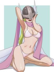Rule 34 | 1girl, angewomon, bare shoulders, blonde hair, blush, breasts, cleavage, commentary request, covered eyes, digimon, digimon (creature), digimon adventure, head wings, helmet, large breasts, long hair, muramura hito, navel, open mouth, smile, solo, swimsuit, wings