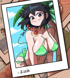 Rule 34 | 1girl, bikini, black eyes, black hair, blue sky, borrowed character, breasts, bright pupils, character name, cleavage, cloud, crab, day, green bikini, highres, large breasts, leaning forward, lucia (scott malin), navel, notus 49, original, outdoors, parted lips, photo (object), shadow, sky, smile, solo, swimsuit, tree, upper body, water, white pupils