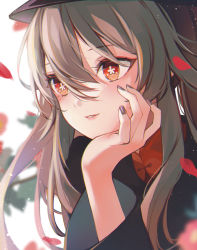Rule 34 | 1girl, 7aka ne11, black nails, blurry, blurry background, bright pupils, brown coat, brown hair, coat, commentary request, flower, flower-shaped pupils, genshin impact, hair between eyes, hand on own cheek, hand on own face, hat, highres, hu tao (genshin impact), lips, long hair, long sleeves, nail polish, parted lips, petals, porkpie hat, red eyes, smile, solo, symbol-shaped pupils, upper body, white pupils