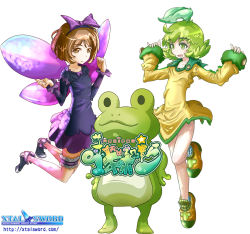 Rule 34 | 2girls, ahoge, bow, brown eyes, brown hair, character request, copyright name, creature, eryi, eryi&#039;s action, fairy wings, farta, frog, green eyes, green hair, hair bow, hands on own hips, leaf, logo, magipon!, monster, multiple girls, open mouth, original, short hair, simple background, sleeves past wrists, smile, solid circle eyes, standing, watermark, web address, white background, wings, yanagi yagiaji