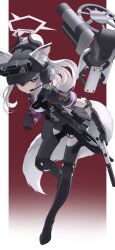 Rule 34 | 1girl, absurdres, animal ear fluff, black gloves, black skirt, black thighhighs, blue archive, closed mouth, drone, ears through headwear, full body, gloves, gun, halo, handgun, headset, highres, holding, holding gun, holding weapon, horns, kayoko (blue archive), leaning forward, long hair, pleated skirt, ponytail, red eyes, rifle, rimworld, rui (rei leyi), short sleeves, simple background, skirt, solo, standing, tail, thighhighs, weapon, white hair