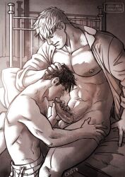 Rule 34 | 2boys, abs, bad id, bad link, bad tumblr id, bara, bare pectorals, black hair, blonde hair, chest hair, couple, cris art, erection, feet out of frame, fellatio, greyscale, hand on another&#039;s head, hulkling, large pectorals, male focus, marvel, monochrome, multiple boys, muscular, muscular male, nipples, on bed, open clothes, open shirt, oral, pectorals, penis, pubic hair, short hair, sideburns, sitting, sparse pubic hair, thick eyebrows, thighs, toned, toned male, topless male, wiccan, yaoi