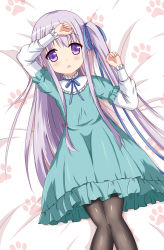 Rule 34 | 10s, 1girl, arm on own head, arm up, bed, black pantyhose, blue dress, dress, gotou jun, highres, long hair, lying, on back, one side up, open mouth, pantyhose, purple eyes, purple hair, ribbon, side ponytail, solo, tenshi no 3p!, very long hair, xiaosamiao