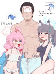 Rule 34 | 1boy, 2girls, absurdres, ahoge, animal ears, doodle sensei (blue archive), bikini, blue archive, blue eyes, blue halo, blue jacket, blue male swimwear, blue one-piece swimsuit, blush, breasts, bright pupils, check translation, collarbone, commentary, cross hair ornament, english commentary, fang, frilled bikini, frills, grey hair, groping, hair bobbles, hair ornament, halo, handjob under clothes, heterochromia, highres, hoshino (blue archive), hoshino (swimsuit) (blue archive), jacket, long hair, low twintails, lulubelleiii, male swimwear, medium breasts, mismatched pupils, multiple girls, navel, off shoulder, one-piece swimsuit, open mouth, pink hair, pink halo, ponytail, sensei (blue archive), shiroko (blue archive), shiroko (swimsuit) (blue archive), simple background, skin fang, small breasts, speech bubble, spoken animal, swim trunks, swimsuit, tongue, tongue out, translation request, twintails, white background, white bikini, white pupils, wolf ears, wolf girl, yellow eyes