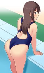 Rule 34 | 1girl, ass, bare shoulders, black eyes, blush, brown hair, come hither, from behind, huge ass, long hair, looking at viewer, looking back, naughty face, neri sachiko, one-piece swimsuit, open mouth, original, pool, shadow, smile, solo