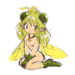 Rule 34 | 1girl, arthropod girl, bee girl, breasts, green hair, insect girl, long hair, lowres, monster girl, nipples, nude, original, pointy ears, pukao, simple background, small breasts, solo, white background, wings, yellow eyes