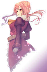 Rule 34 | 1girl, arm at side, ascot, breasts, dolce (rune factory), floating hair, fur collar, gloves, gradient background, highres, juliet sleeves, long hair, long sleeves, looking at viewer, medium breasts, no headwear, open mouth, orange ascot, pink eyes, pink hair, pink pupils, pointy ears, puchiman, puffy sleeves, rune factory, rune factory 4, solo, twintails, white gloves
