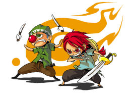 Rule 34 | 2boys, bandana, beanie, blue hair, buggy the clown, chibi, child, detached, devil fruit, disembodied limb, dismembered, dual wielding, fighting stance, fykr00, gloves, green eyes, green shirt, hat, holding, knife, male focus, multiple boys, one piece, pirate, red eyes, red hair, red nose, saber (weapon), sandals, shanks (one piece), shirt, stampede string, straw hat, sword, t-shirt, teeth, weapon, white gloves, aged down