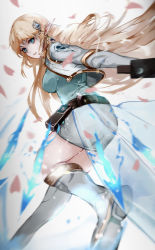 1girl, absurdres, aqua shirt, belt, blonde hair, blue eyes, boots, breasts, cropped jacket, earrings, elf, hair ornament, highres, holding, jacket, jewelry, large breasts, long hair, looking at viewer, looking back, maplestory, mercedes (maplestory), parted lips, pencil skirt, pointy ears, shirt, skirt, solo, sword, vardan, very long hair, weapon, white footwear, white jacket, white skirt