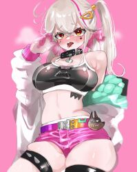 Rule 34 | 1girl, arm behind back, black collar, black sports bra, blonde hair, blush, breasts, cleavage, collar, facial tattoo, fellatio gesture, gloves, goddess of victory: nikke, gradient hair, hair between eyes, hair ornament, hair ribbon, hairclip, heart, heart tattoo, heavy breathing, highres, jackal (nikke), jacket, large breasts, long hair, low twintails, midriff, multicolored clothes, multicolored hair, multicolored jacket, navel, pink background, pink gloves, pink hair, pink ribbon, red eyes, ribbon, short shorts, shorts, side ponytail, sidelocks, simple background, skindentation, solo, spiked collar, spiked legwear, spikes, sports bra, stomach tattoo, streaked hair, tattoo, tongue, tongue out, twintails, two-sided fabric, two-sided jacket, two-tone gloves, uniofthedead, white gloves, white jacket