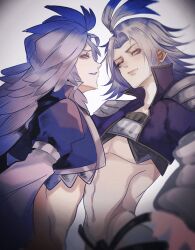 Rule 34 | 2boys, armor, bishounen, commentary, cropped jacket, daonov1, dissidia final fantasy, eyelashes, facing away, feather hair ornament, feathers, final fantasy, final fantasy ix, gradient hair, grey background, grey hair, hair ornament, highres, kuja, lipstick, long hair, long sleeves, looking at viewer, looking back, looking down, makeup, male focus, midriff, multicolored hair, multiple boys, navel, official alternate costume, purple lips, shoulder armor, smirk, symbol-only commentary, upper body, white eyes