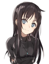 Rule 34 | 1girl, arms behind back, black hair, black ribbon, black shirt, blue eyes, blush, closed mouth, head tilt, highres, jewelry, kara no kyoukai, long hair, looking at viewer, pendant, rei no himo, reien girl&#039;s academy school uniform, ribbon, ryougi mana, school uniform, shigure (shigure 43), shirt, short sleeves, simple background, smile, solo, straight hair, upper body, white background