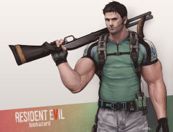 Rule 34 | 1boy, artist name, bara, black gloves, black hair, chris redfield, closed mouth, copyright name, facial hair, fingerless gloves, gloves, green shirt, grey pants, gun, headset, highres, himura (him-la), holding, holding gun, holding weapon, large pectorals, looking at viewer, male focus, muscular, muscular male, over shoulder, pants, pectorals, resident evil, resident evil 5, shirt, short hair, shotgun, solo, weapon, weapon over shoulder