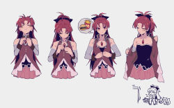Rule 34 | 1girl, bare shoulders, bow, burger, detached sleeves, food, french fries, hair bow, highres, kyubey, long hair, magical girl, mahou shoujo madoka magica, mahou shoujo madoka magica (anime), ponytail, red eyes, red hair, sakura kyoko, soul gem, unbuttoned, unbuttoned shirt, undressing, yooki (winter cakes)
