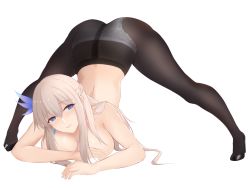 Rule 34 | 1girl, absurdres, arm rest, ass, black footwear, black pantyhose, blue eyes, braid, breasts, feather hair ornament, feathers, flexible, french braid, hair ornament, hands on ground, high heels, highres, hiroshi (2443303124), jack-o&#039; challenge, large breasts, lexington (warship girls r), long hair, meme, panties, panties under pantyhose, pantyhose, platinum blonde hair, solo, spread legs, top-down bottom-up, topless, underwear, very long hair, warship girls r, white panties, wide spread legs