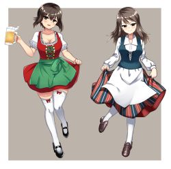 Rule 34 | 10s, 2girls, alcohol, apron, beer, beer mug, black footwear, blue dress, bow legwear, breasts, brown eyes, brown footwear, brown hair, cleavage, closed mouth, commentary, cup, dirndl, dress, finnish clothes, frilled dress, frills, full body, german clothes, girls und panzer, green apron, grey background, hikyakuashibi, holding, leg up, loafers, long dress, long hair, long sleeves, looking at viewer, mary janes, medium breasts, mika (girls und panzer), mug, multiple girls, nishizumi maho, outside border, pantyhose, parted lips, puffy short sleeves, puffy sleeves, red dress, shoes, short dress, short hair, short sleeves, skirt hold, smile, standing, standing on one leg, striped clothes, striped dress, thighhighs, traditional clothes, vertical-striped clothes, vertical-striped dress, waist apron, white legwear