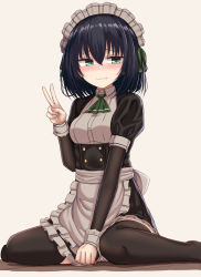 Rule 34 | apron, ascot, black dress, black hair, black thighhighs, blush, breasts, brown background, closed mouth, collared shirt, covering privates, covering crotch, dress, dress shirt, feet out of frame, frilled apron, frilled dress, frills, green ascot, green eyes, hair between eyes, hand up, highres, layered sleeves, long sleeves, maid, maid headdress, nose blush, original, puffy short sleeves, puffy sleeves, school uniform, shadow, shirt, short over long sleeves, short sleeves, sitting, small breasts, solo, tears, thighhighs, v, waist apron, wariza, wavy mouth, white apron, white shirt, yakob labo