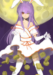Rule 34 | 1girl, alternate costume, animal ears, breasts, cleavage, clothes lift, cookie, dress, dress lift, elbow gloves, female focus, food, full moon, gloves, highres, japanese clothes, kimono, long hair, medium breasts, moon, mooncake, off shoulder, one eye closed, outdoors, purple hair, rabbit ears, red eyes, reisen udongein inaba, sherrybt, sky, smile, solo, thighhighs, touhou, very long hair, white thighhighs, wink