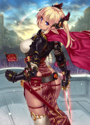Rule 34 | 1girl, armor, ass, belt, blonde hair, breasts, cape, covered erect nipples, elf, female focus, gauntlets, highres, houtengeki, large breasts, looking at viewer, looking back, original, pointy ears, pouch, purple eyes, scabbard, sheath, solo, sword, thighhighs, twintails, unsheathed, weapon, white thighhighs