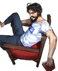 Rule 34 | 1boy, armchair, beard, black hair, blue pants, book, chair, edward teach (fate), edward teach (final ascension) (fate), facial hair, fate/grand order, fate (series), from side, highres, holding, holding book, looking at viewer, male focus, mustache, no shoes, no socks, pants, shirt, short sleeves, solo, treeware, white shirt