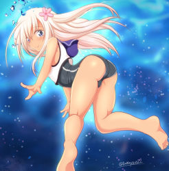 Rule 34 | 1girl, air bubble, ass, barefoot, black one-piece swimsuit, blonde hair, blue eyes, blue sailor collar, bubble, crop top, flower, freediving, from behind, full body, hair flower, hair ornament, highres, kantai collection, looking at viewer, looking back, one-piece swimsuit, one-piece tan, ro-500 (kancolle), sailor collar, school swimsuit, solo, swimming, swimsuit, swimsuit under clothes, tamayan, tan, tanline, twitter username, underwater