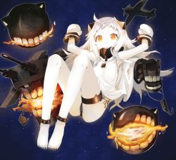 Rule 34 | 10s, 1girl, abyssal ship, ahoge, aircraft, airplane, barefoot, colored skin, dress, fuotchan, holding, horns, kantai collection, long hair, looking at viewer, machinery, mittens, northern ocean princess, solo, turret, white dress, white hair, white skin, yellow eyes