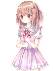 Rule 34 | 1girl, bad id, bad pixiv id, candy hair ornament, closed mouth, cowboy shot, dress, food-themed hair ornament, frilled shirt, frills, hair ornament, heart, highres, holding, holding wand, light brown hair, long hair, looking away, original, pink dress, puffy short sleeves, puffy sleeves, red eyes, shirt, short sleeves, simple background, solo, standing, tsuruse, two side up, wand, white background, white shirt