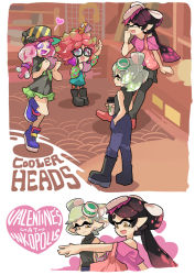 Rule 34 | + +, 4girls, annie (splatoon), arm support, bag, baseball cap, black footwear, black hair, black legwear, black shirt, black skirt, blue eyes, blue footwear, blue pants, boots, brown eyes, callie (splatoon), closed eyes, closed mouth, clownfish, cup, dress, earrings, english text, fish, glasses, gomipomi, green dress, green skirt, hand in pocket, harmony&#039;s clownfish (splatoon), harmony (splatoon), hat, headphones, headphones around neck, heart, holding, inkling, jewelry, laughing, leaning back, leg up, long hair, looking at another, marie (splatoon), miniskirt, moe (splatoon), multiple girls, nintendo, open mouth, pants, pantyhose, pink footwear, pink hair, pleated skirt, pointy ears, print shirt, purple skirt, shirt, shoes, shopping bag, short hair, skirt, sleeveless, sleeveless shirt, smile, splatoon (series), splatoon 1, standing, standing on one leg, t-shirt, tentacle hair, tropical fish, turtleneck, valentine