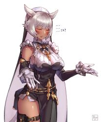 Rule 34 | 1girl, absurdres, animal ears, blush, breasts, cat ears, closed eyes, commentary request, cosplay, dark-skinned female, dark skin, detached sleeves, facepaint, final fantasy, final fantasy xiv, frills, galleon (granblue fantasy), galleon (granblue fantasy) (cosplay), gloves, granblue fantasy, highres, hjz (artemi), lips, medium breasts, shiny skin, short hair, solo, sweatdrop, translation request, white gloves, white hair, y&#039;shtola rhul