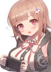 Rule 34 | 1girl, absurdres, black jacket, blunt bangs, blush, breasts, collared shirt, commentary request, danganronpa (series), danganronpa 2: goodbye despair, grey background, hair ornament, hairclip, handheld game console, highres, holding, hood, jacket, keureu (tiqkdtiqkd10), large breasts, looking at viewer, nanami chiaki, open mouth, pink eyes, pink ribbon, ribbon, shirt, simple background, solo, teeth, upper body, upper teeth only, white background