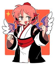 Rule 34 | 1girl, animal ears, bird ears, bird wings, blush, earrings, fang, grey eyes, hat, ini (inunabe00), japanese clothes, jewelry, long sleeves, mystia lorelei, obi, open mouth, pink hair, red hat, sash, short hair, single earring, skin fang, smile, solo, tokin hat, touhou, upper body, white wings, wide sleeves, wings