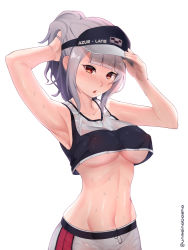 Rule 34 | 1girl, alternate costume, armpits, azur lane, bad id, bad pixiv id, baseball cap, blunt bangs, blush, breasts, collarbone, covered erect nipples, crop top, crop top overhang, giulio cesare (azur lane), giulio cesare (fitness master) (azur lane), grey hair, hat, heavy breathing, large breasts, long hair, looking at viewer, navel, open mouth, ponytail, red eyes, shiny skin, short shorts, shorts, sidelocks, simple background, solo, stomach, sweat, twitter username, underboob, unmeinobasho, white background