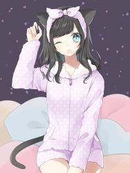 Rule 34 | 1girl, ;o, absurdres, animal ears, arm up, black hair, blue eyes, blue hair, cat ears, cat girl, cat tail, colored inner hair, commentary request, hachimitsu honey, highres, jacket, long sleeves, looking at viewer, loungewear, multicolored hair, one eye closed, open mouth, original, polka dot, polka dot jacket, polka dot shorts, purple jacket, purple shorts, short shorts, shorts, sitting, sleeves past wrists, solo, tail