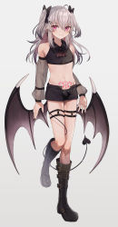 Rule 34 | 1boy, abandon ranka, ascot, bare shoulders, belt boots, black footwear, black nails, boots, bow, crop top, demon boy, demon tail, demon wings, fishnets, hair between eyes, hair bow, hair ornament, hairclip, highres, knee boots, looking at viewer, low wings, male focus, multicolored hair, nail polish, navel, open clothes, open shorts, original, pubic tattoo, red eyes, short shorts, shorts, silver hair, smile, tail, tattoo, thigh strap, trap, twintails, two-tone hair, two side up, underwear, wings