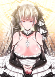 Rule 34 | 1girl, absurdly long hair, azur lane, between breasts, blonde hair, breasts, choker, cleavage, clock, clock tower, corset, crossed arms, day, earrings, elbow gloves, eyelashes, formidable (azur lane), frills, fuyuki jun, gloves, hair ribbon, highres, jewelry, large breasts, lips, long hair, looking at viewer, nail polish, necktie, necktie between breasts, own hands clasped, own hands together, red eyes, resolution mismatch, ribbon, solo, source larger, sparkle, tower, two-tone dress, two-tone ribbon, very long hair