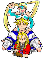 Rule 34 | 1990s (style), 1boy, 2girls, ahoge, bad id, bad pixiv id, bandages, bare shoulders, blonde hair, breast rest, breasts, breasts on head, capcom, clothing cutout, cody travers, color connection, cuffs, facial hair, final fight, fingerless gloves, gloves, hair slicked back, handcuffs, heart, highres, kanzuki karin, large breasts, mask, multiple girls, prison clothes, rainbow mika, retro artstyle, ringlets, saitou piyoko, school uniform, serafuku, shoulder cutout, shrugging, street fighter, street fighter zero (series), stubble, twintails, wrestling outfit
