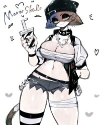 Rule 34 | 1girl, animal ears, asymmetrical legwear, bandages, beanie, black jacket, black shorts, blue fur, breasts, brown fur, cat ears, cat girl, cat tail, cleavage, drink, ear piercing, eyeshadow, fortnite, furry, furry female, half-closed eyes, hand in pocket, hat, highres, holding, holding drink, jacket, large breasts, looking at viewer, makeup, meow skulls (fortnite), midriff, multicolored fur, navel, open clothes, open jacket, piercing, sarashi, short shorts, shorts, smile, striped clothes, striped thighhighs, tail, thick thighs, thighhighs, thighs, togetoge, white fur, white jacket, wide hips, yellow eyes