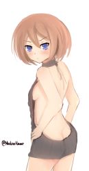Rule 34 | 1girl, ass, backless dress, backless outfit, bare back, bare shoulders, blanc (neptunia), blue eyes, blush, breasts, brown hair, butt crack, dress, female focus, looking at viewer, mashiroheart, meme attire, naked sweater, neptune (series), short hair, sideboob, small breasts, solo, sweater, sweater dress, turtleneck, turtleneck sweater, virgin killer sweater