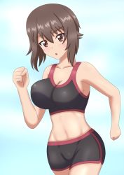Rule 34 | 10s, 1girl, blush, breasts, brown eyes, brown hair, cleavage, girls und panzer, hiromon, large breasts, looking at viewer, nishizumi maho, open mouth, running, short hair, shorts, solo, sports bra