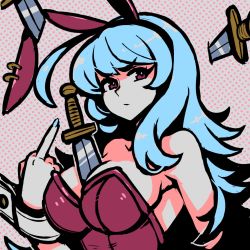Rule 34 | 1girl, akairiot, bare shoulders, blue hair, blue nails, breasts, bunny crimson (akairiot), cleavage, hand up, headband, highres, knife, large breasts, leotard, middle finger, nail polish, original, purple leotard, red eyes, shadow, solo, strapless, strapless leotard, upper body, wrist cuffs