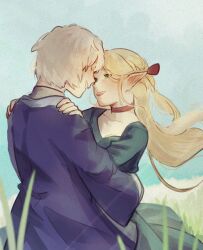Rule 34 | 2girls, blonde hair, blue dress, blue robe, blue sky, choker, commentary, day, dress, dungeon meshi, elf, english commentary, falin touden, falin touden (tallman), grass, green eyes, grey hair, hands on another&#039;s shoulders, highres, hug, long hair, looking at another, marcille donato, multiple girls, outdoors, parted lips, pawnyao, pointy ears, red choker, robe, short hair, sky, smile, yuri