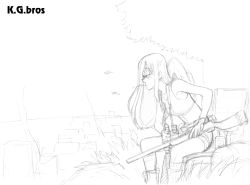Rule 34 | 1girl, artist name, bare shoulders, binoculars, breasts, can, drink can, feet out of frame, freckles, gravity falls, greyscale, gun, half-closed eyes, hat, kakugari kyoudai, leaning forward, long hair, looking away, midriff, monochrome, mouth hold, navel, outdoors, rifle, shorts, sitting, sketch, small breasts, sniper rifle, socks, soda can, solo, tank top, unworn headwear, weapon, wendy corduroy