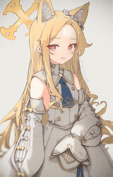 Rule 34 | 1girl, animal ear fluff, animal ears, bare shoulders, bespin, blonde hair, blue archive, blush, breasts, detached sleeves, dress, extra ears, fox ears, grey background, halo, highres, long hair, looking at viewer, open mouth, seia (blue archive), simple background, sleeves past fingers, sleeves past wrists, small breasts, smile, solo, twitter username, white dress, white sleeves, yellow eyes, yellow halo
