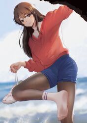 Rule 34 | 1girl, absurdres, alternate costume, arm up, blue shorts, blurry, blurry background, blush, brown eyes, brown hair, brown pantyhose, closed mouth, depth of field, feet, ghhoward, highres, holding, legs, long hair, long sleeves, looking at viewer, no shoes, outdoors, pantyhose, pantyhose under shorts, red shirt, ribbed socks, sakurajima mai, seishun buta yarou, shirt, shoes, unworn shoes, short shorts, shorts, sneakers, socks, socks over pantyhose, soles, solo, splashing, standing, standing on one leg, thighs, toes, variant set, water, wet, white socks